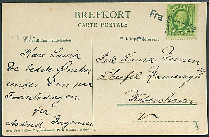 5 öre Oscar II på brevkort (Hotel Savoy, Malmö) annulleret med skibsstempel Fra Sverige til København, Danmark.