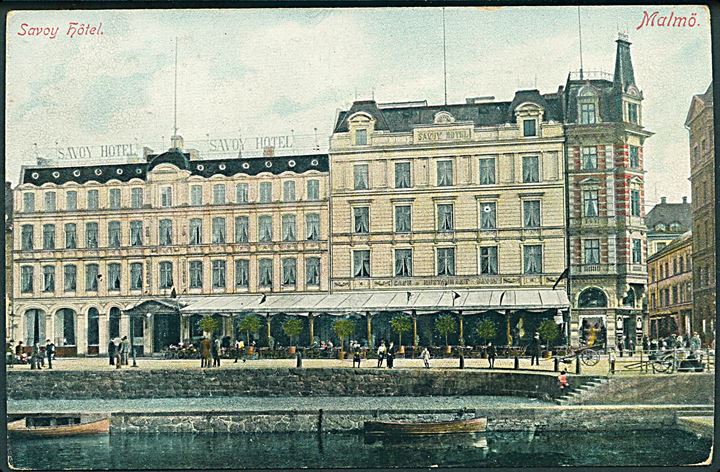 5 öre Oscar II på brevkort (Hotel Savoy, Malmö) annulleret med skibsstempel Fra Sverige til København, Danmark.