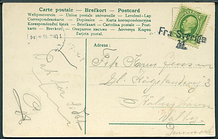 5 öre Oscar II på brevkort (Malmö, jernbanestation) annulleret med skibsstempel Fra Sverige M. og sidestemplet Kjøbenhavn d. 18.4.1908 til København, Danmark.