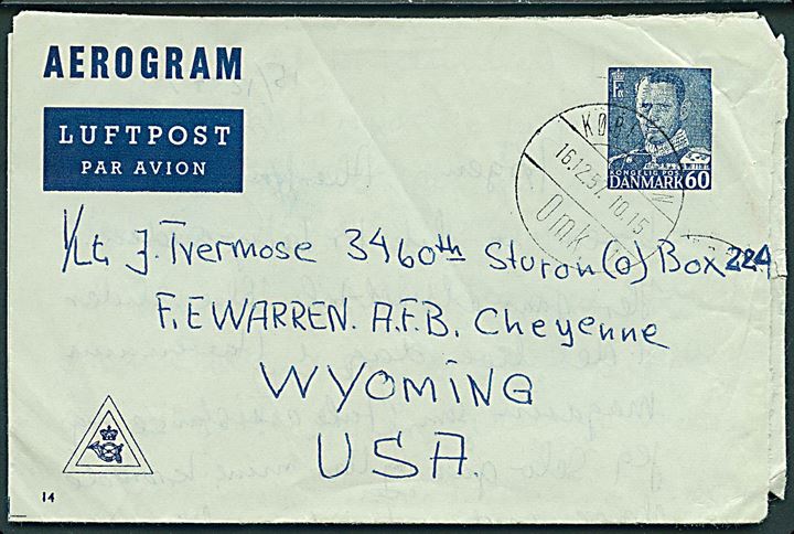 60 Fr. IX helsags aerogram (fabr. 14) fra København d. 16.12.1957 til dansk officer, J. Tvermose, under uddannelse på F. E. Warren Air Force Base, Cheyenne, USA