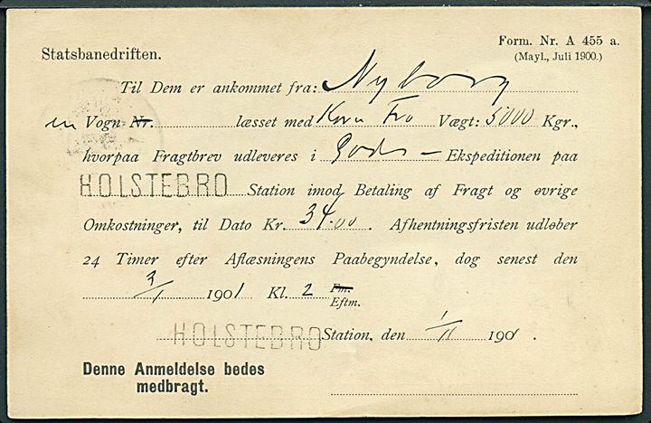 5 øre Våben helsagsbrevkort anvendt som fortrykt adviskort fra Statsbanedriften stemplet Holstebro d. 1.11.1901 til Hvam Mølle. På bagsiden liniestempel HOLSTEBRO.
