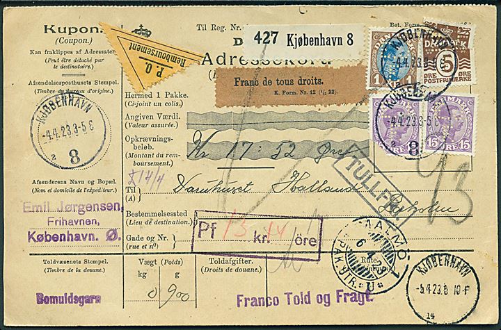 5 øre Bølgelinie, 15 øre (2) og 1 kr. Chr. X med perfin E.J.F. på adressekort for pakke med opkrævning fra Kjøbenhavn 8 d. 4.4.1923 via Malmö til Laholm, Sverige. Flere mærker defekte.
