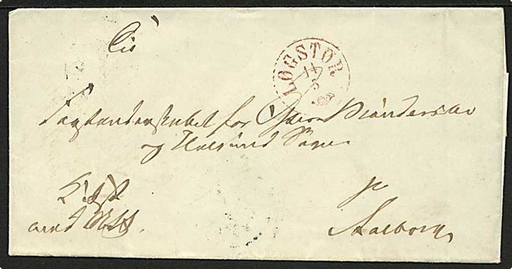 1865 (ca.) Ufrankeret tjenestebrev med rødt antiqua stempel Løgstør d. 14.5.186x til Aalborg.