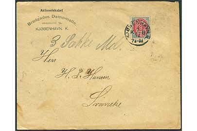 8 øre Tofarvet på brev annulleret med lapidar Kjøbenhavn KB d. 7.8.1894 til Svaneke, Bornholm. Ank.stemplet brotype Ia Svaneke d. 8.12.1894. Ca. 14 dage tidligere end registreret af Vagn Jensen.
