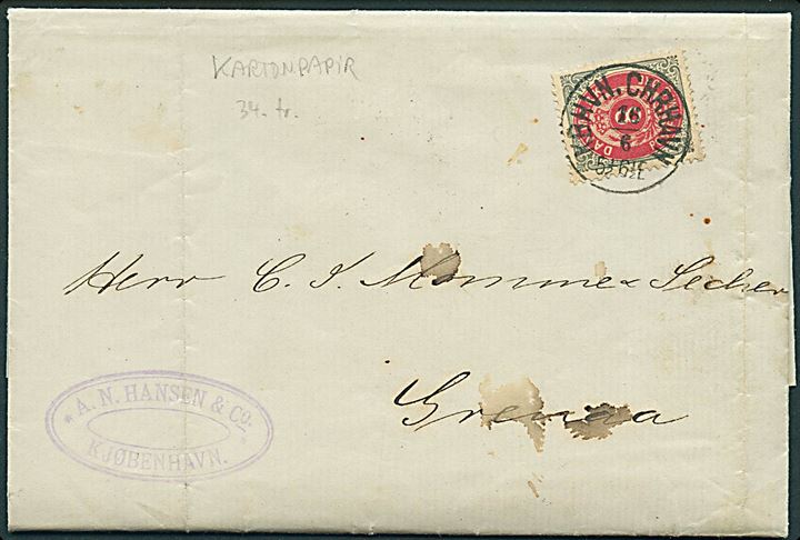 8 øre Tofarvet 34. tryk på brev annulleret med lapidar KBHVN. CHRHAVN d. 16.6.1884 til Grenaa.