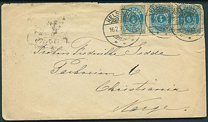 4 øre Tofarvet ret. og omv. rm. (3) på brev fra Helsingør d. 16.2.1894 til Christiania, Norge.