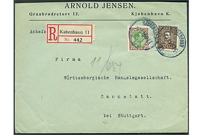 20 øre Chr. X Postjubilæum og 70 øre Chr. X på anbefalet brev fra Kjøbenhavn d. 8.3.1925 til Cannstatt, Tyskland. Afkortet i toppen.