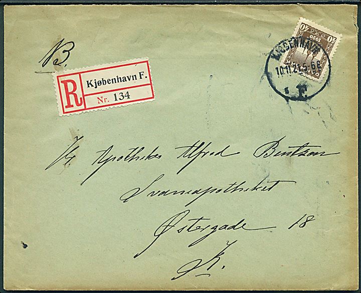 40 øre Genforening single på lokalt anbefalet brev i Kjøbenhavn d. 10.11.1921.