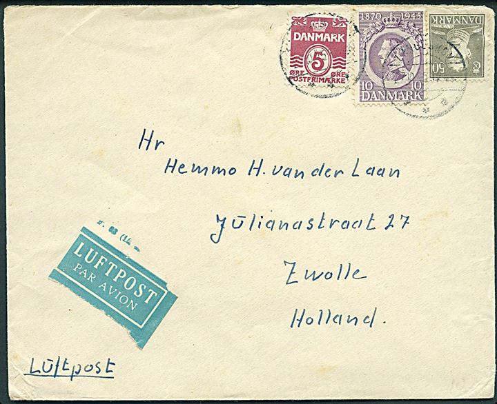 5 øre Bølgelinie, 10 øre Chr. X 75 år og 50 øre Chr. X på luftpostbrev fra Langeskov d. 27.10.1945 til Zwolle, Holland.