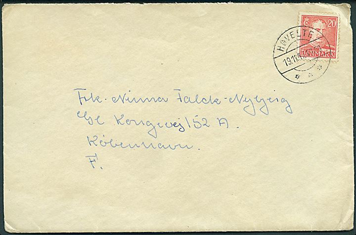 20 øre Chr. X på brev annulleret med brotype IId Høvelte d. 19.11.1947 til København. Postekspedition oprettet i den militære forlægning pr. 20.5.1947.