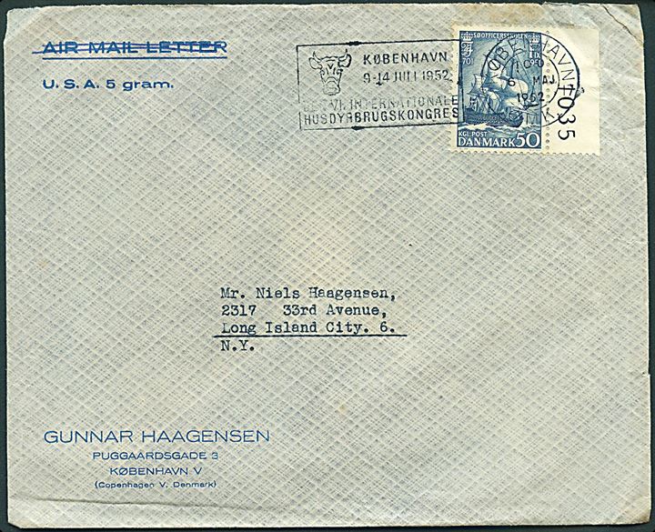50 øre Søofficersskolen på fortrykt 5 gram kuvert fra København d. 6.5.1952 til New York, USA. 