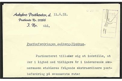 Skrivelse fra Aabybro Postkontor d. 11.6.1952 vedr. Postbefordring Aalborg-Blokhus.