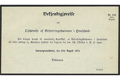 Bekjendtgjørelse dateret 21.8.1874 vedr. Ophævelse af Befordringsstationen i Hvalpsund.