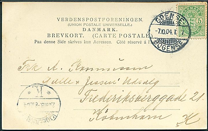 5 øre Våben på brevkort fra Bogense annulleret med bureaustempel Odense - Bogense T.7 d. 7.10.1904 til København.