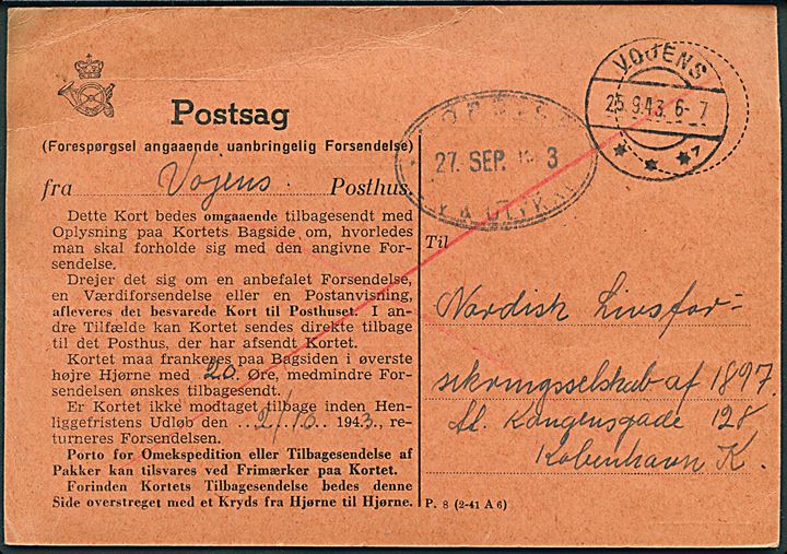 Postsag (Forespørgsel angaaende uanbringelig Forsendelse) - P. 8 (2-41 A6) - fra Vojens d. 25.9.1943 til København. 