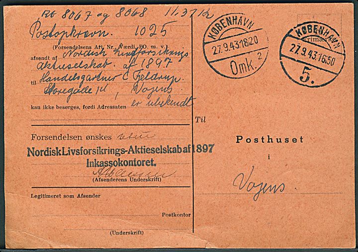 Postsag (Forespørgsel angaaende uanbringelig Forsendelse) - P. 8 (2-41 A6) - fra Vojens d. 25.9.1943 til København. 