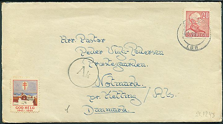 20 öre Gustaf på brev annulleret med svagt stempel d. 31.12.1944 til Notmark, Ketting, Als. Åbnet af tysk censur med neutral brun banderole og på forsiden passér stempel Ak.