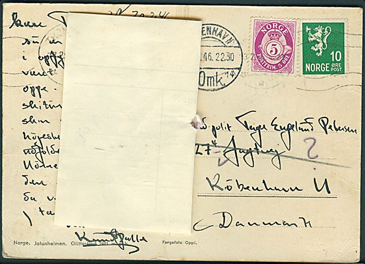5 øre Posthorn og 10 øre Løve på brevkort fra Trondheim d. 20.2.1946 til København, Danmark. Noteret ubekendt efter adresse. 