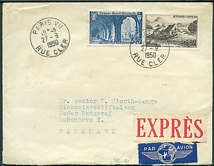 25 f. og 50 f. på luftpost ekspresbrev fra Paris d. 27.9.1950 til København, Danmark.