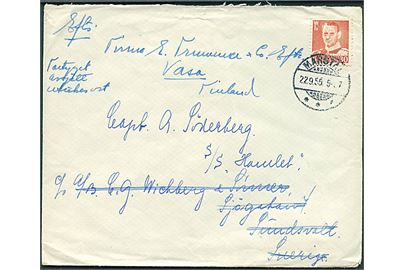 30 øre Fr. IX på brev annulleret med brotype Ic Marstal d. 22.9.1955 til sømand ombord på S/S Hamlet via rederiadresse i Sundsvall, Sverige - eftersendt til Vasa, Finland. Sen anvendelse af brotype Ic.
