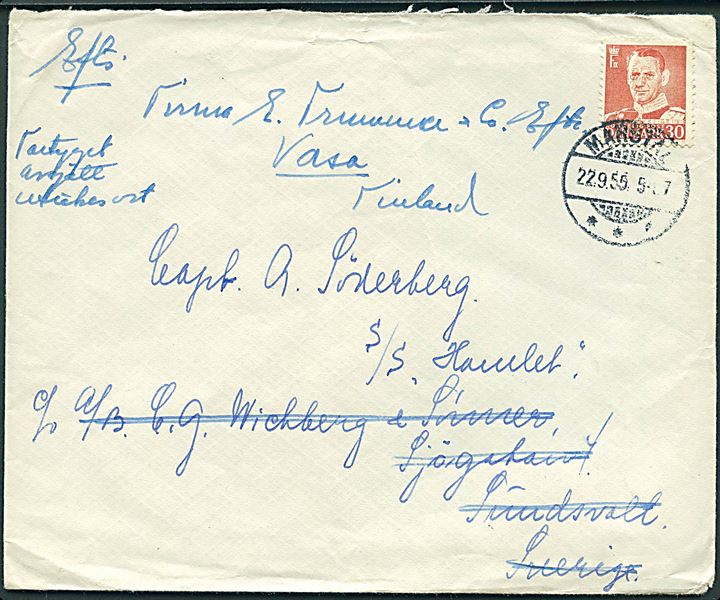 30 øre Fr. IX på brev annulleret med brotype Ic Marstal d. 22.9.1955 til sømand ombord på S/S Hamlet via rederiadresse i Sundsvall, Sverige - eftersendt til Vasa, Finland. Sen anvendelse af brotype Ic.