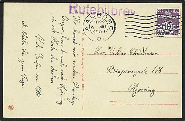 10 øre Bølgelinie på brevkort stemplet Aalborg 3 d. 9.7.1939 og sidestemplet Rutebilbrev til Hjørring.