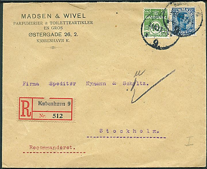 10 øre Bølgelinie og 40 øre Chr. X på anbefalet brev fra Kjøbenhavn d. 24.10.1923 til Stockholm, Sverige.