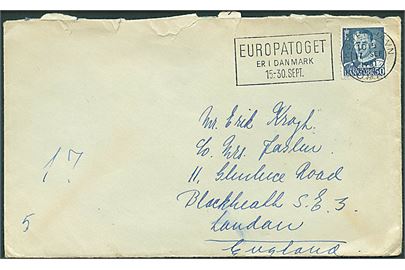 50 øre Fr. IX på brev annulleret med TMS Europatoget er i Danmark 15.-30. Sept./København OMK. d. 17.9.1951 til London, England. Urent åbnet.