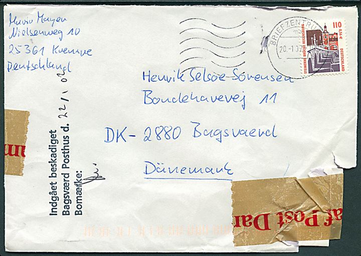 110 pfg. (0,56€) på brev stemplet Briefzentrum d. 20.1.2001 til Bagsværd, Danmark. Lukket med tape og stemplet Indgået beskadiget Bagsværd Posthus.