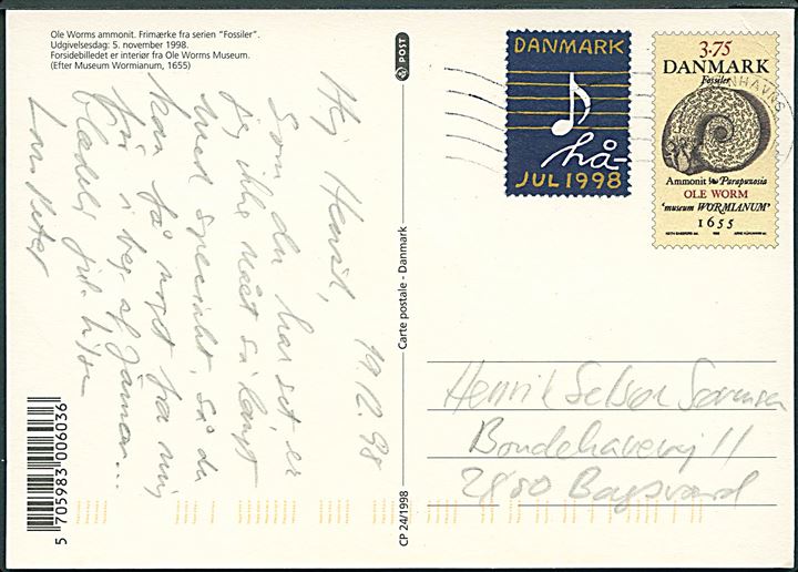 3,75 kr. Forssiler illustreret helsagsbrevkort med Julemærke 1998 fra Københavns Postcenter d. 19.12.1998 til Bagsværd.