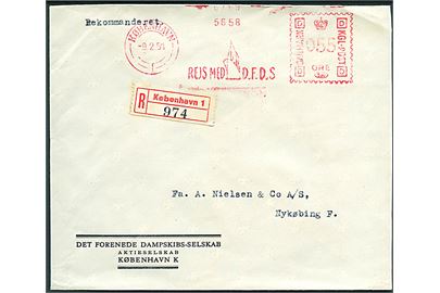 55 øre DFDS illustreret firmafranko på anbefalet brev fra København d. 9.2.1951 til Nykøbing F.