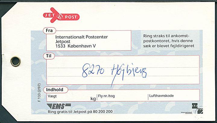 EMS - Jetpost sækkemærkat F133 (2/97) fra Internationalt Postcenter Jetpost til Højbjerg.