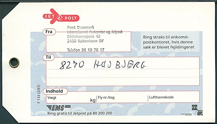 EMS - Jetpost sækkemærkat F133 (2/97) fra Internationalt Postcenter og Jetpost i København til Højbjerg.