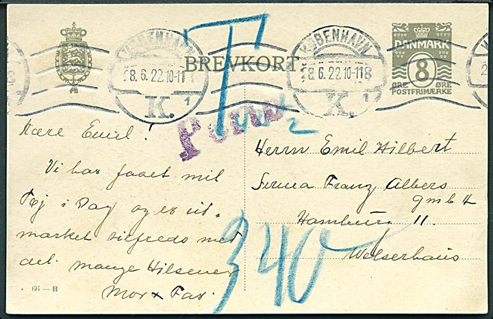 8 øre helsagsbrevkort (fabr. 66-H) sendt underfrankeret fra København d. 22.6.1922 til Hamburg, Tyskland. Violet Porto-stempel og udtakseret i 340 pfg. tysk porto i infla-perioden.