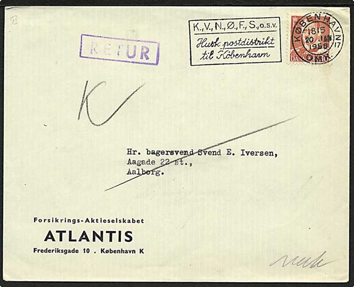 30 øre Fr. IX på brev fra København d. 20.1.1958 til Aalborg. Retur med stempel: Flyttet, hvorhen vides ikke Ålborg distrikt nr..