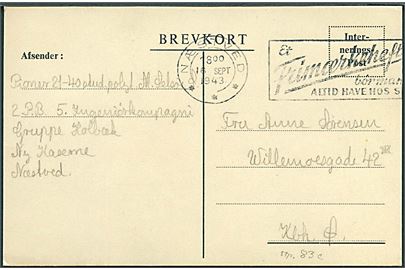 Fortrykt Interneretpost brevkort fra pioner ved 2. P.B. 5. Ingeniørkompagni, Gruppe Holbæk, Ny Kaserne, Næstved d. 16.9.1943 til København.