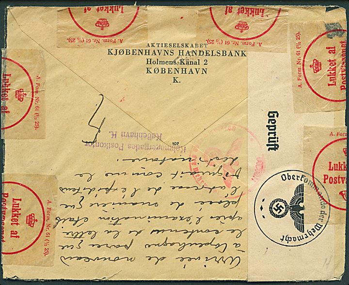 40 øre Firmafranko på rudekuvert fra København d. 19.7.1940 til udlandet. Åbnet af tysk censur og returneret med lang fransk påskrift. Lukket med fortrykte oblater A.- Form Nr. 61 (1/5 25) Lukket af Postvæsenet.