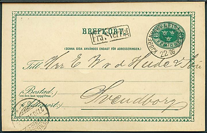 5 öre Tre Kroner helsagsbrevkort annulleret med lapidar bureaustempel Kjhøbenhavn - Helsingør d. 26.10.1891 og sidestemplet Fra Sverrig til Svendborg, Danmark.