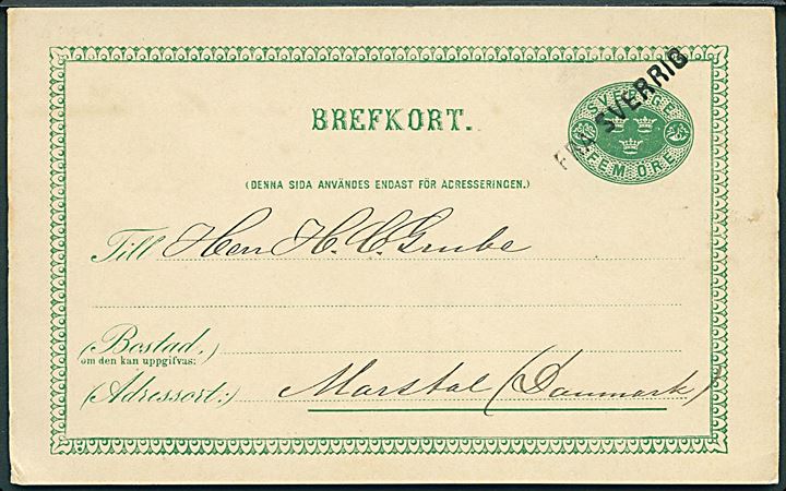 5 öre Tre Kroner helsagsbrevkort fra Göteborg d. 14.5.1888 annulleret med dansk skibsstempel Fra Sverrig i Frederikshavn til Marstal, Danmark.