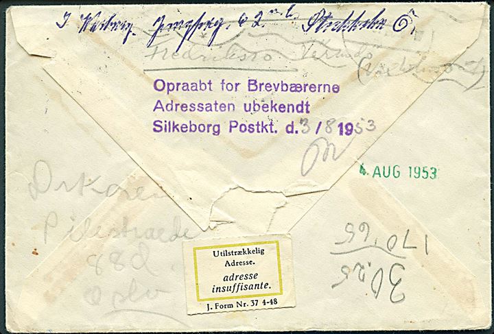 25 öre Gustaf på brev annulleret ?SJÖ-80 1953 til Silkeborg, Danmark. Retur via Returpostkontoret med 2-sproget etiket Utilstrækkelig Adresse J.Form. Nr. 37 4-48.