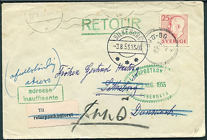 25 öre Gustaf på brev annulleret ?SJÖ-80 1953 til Silkeborg, Danmark. Retur via Returpostkontoret med 2-sproget etiket Utilstrækkelig Adresse J.Form. Nr. 37 4-48.