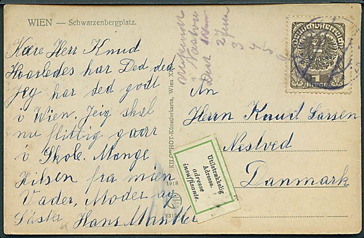 1 kr. single på brevkort fra Wien ca. 1920 til Næstved, Danmark. Returneret med 2-sproget etiket Utilstrækkelig Adresse..
