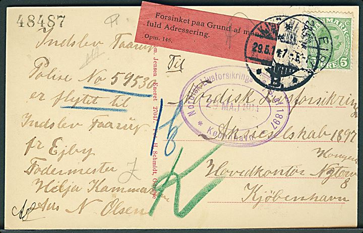 5 øre Chr. X på brevkort (Partier fra Bubbel) stemplet Eiby d. 28.5.1914 til København. Påsat rød etiket Opm. 146 Forsinket paa Grund af mangelfuld Adressering..