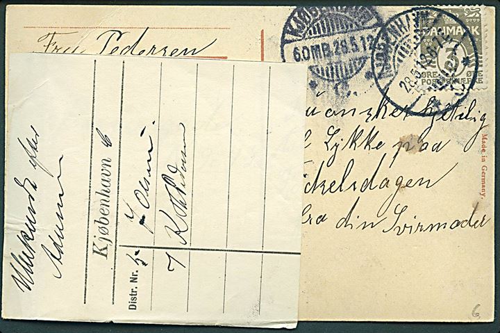 3 øre Bølgelinie på lokalt brevkort i Kjøbenhavn d. 28.5.1912. Påsat etiket vedr. ubekendt efter adresse.