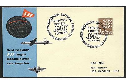 1 kr. Rigsvåben på illustreret SAS 1.flyvningskuvert fra København Lufthavn d. 15.11.1954 via Grønland til Los Angeles, USA.