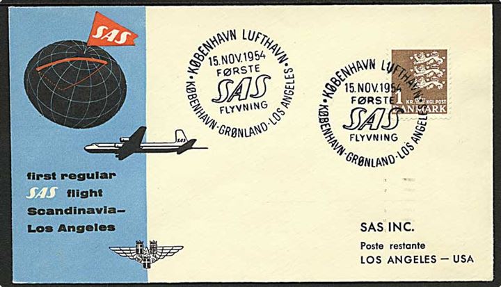1 kr. Rigsvåben på illustreret SAS 1.flyvningskuvert fra København Lufthavn d. 15.11.1954 via Grønland til Los Angeles, USA.
