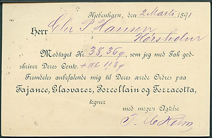 5 øre Våben helsagsbrevkort fra Kjøbenhavn K. d. 2.3.1891 til Hørsholm.