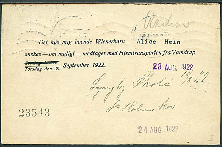 5+3 øre provisorisk svardel af dobbelt helsagsbrevkort (fabr. 41-V) opfrankeret med 2 øre Bølgelinie stemplet Odder d. 22.8.1922 til Centralkontoret for Wienerbørns Ophold i Danmark, København. 