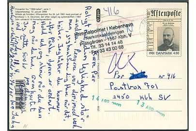 4 kr. 1900-tallet illustreret helsagsbrevkort fra Københavns Postcenter d. 12.4.2000 til indsat i Vestre Fængsel, Postbox 701, København SV. Rød fængselscensur og stempel fra Kriminalpolitiet i København / Narkotikaafdelingen.