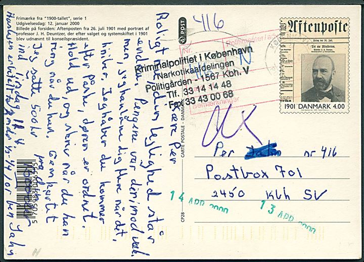 4 kr. 1900-tallet illustreret helsagsbrevkort fra Københavns Postcenter d. 12.4.2000 til indsat i Vestre Fængsel, Postbox 701, København SV. Rød fængselscensur og stempel fra Kriminalpolitiet i København / Narkotikaafdelingen.